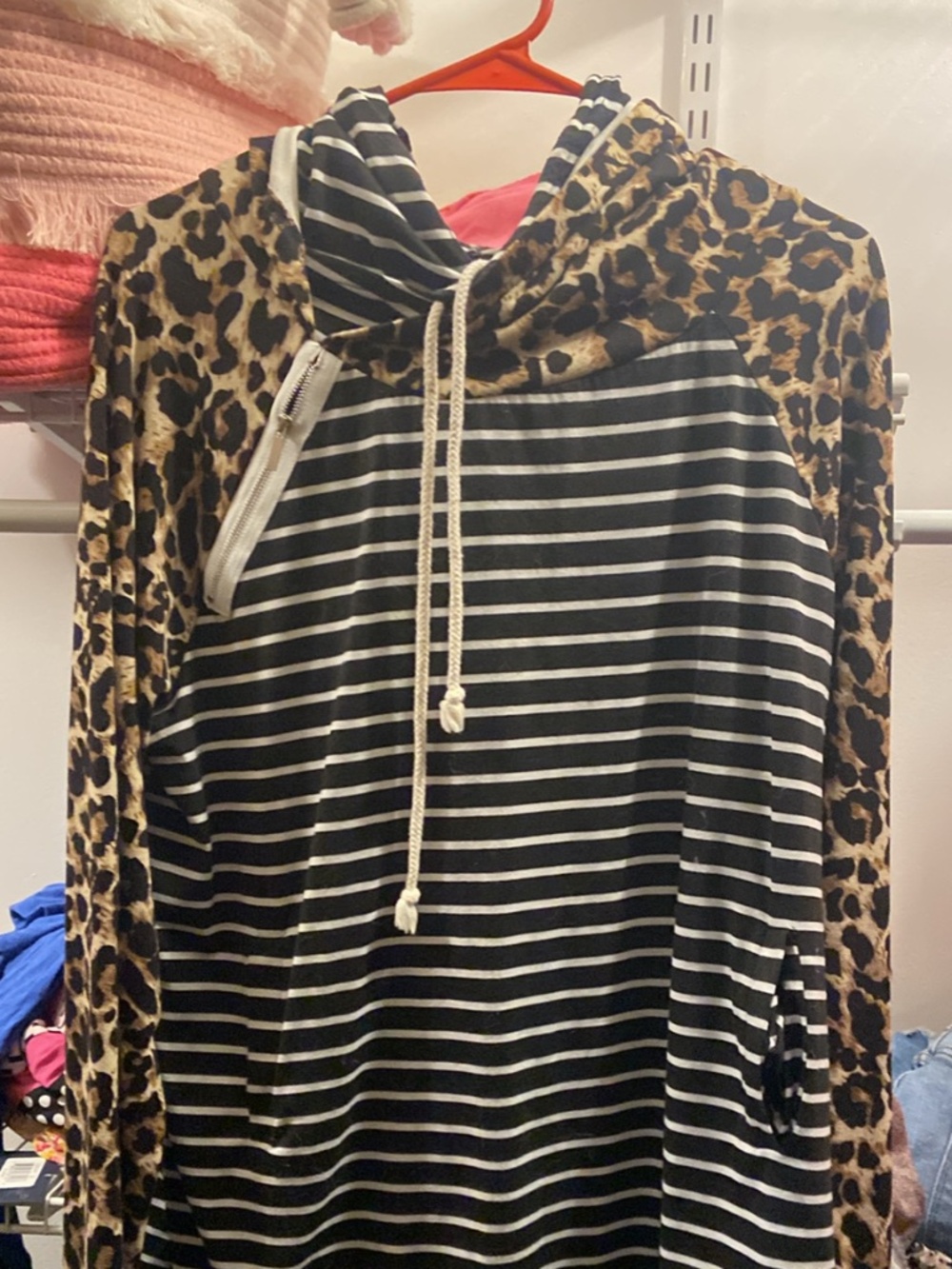 ANDTHEWHY XXXL Leopard and Striped Double Hooded Sweatshirt